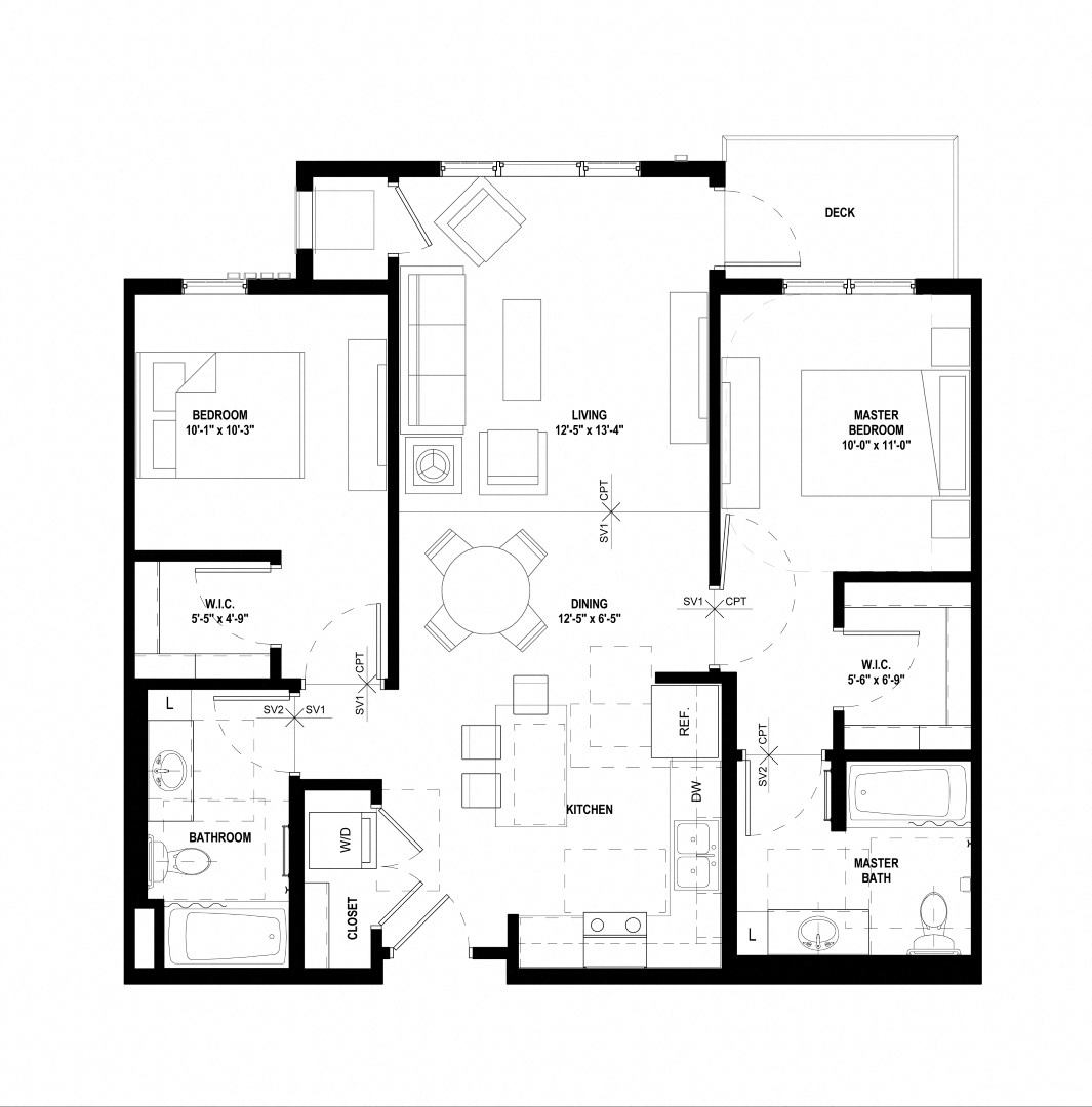 Floor plan for 2 beds, 2 baths, 1029 sqft